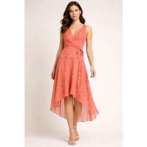 DKNY Faux Wrap V-Neck Chiffon Dress